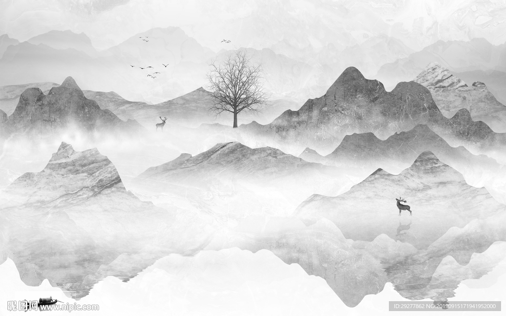 灰色山水背景墙画 TIF分层