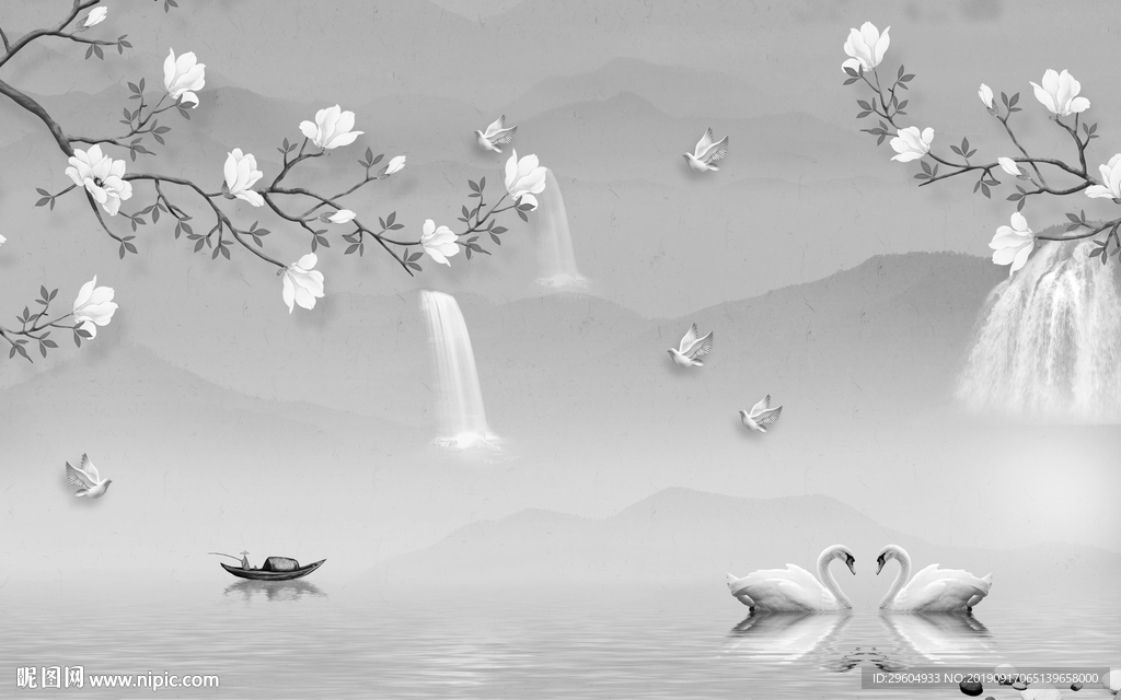 灰色中国风山水画 TIF分层