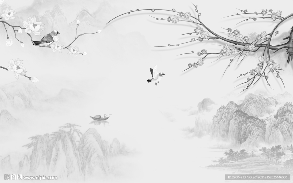 花鸟中国风山水画 TIF分层