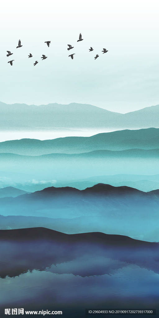 蓝色山水中式画 TIF分层