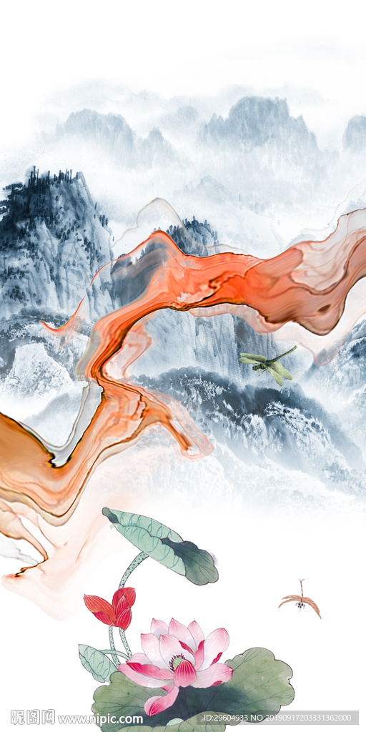 荷花山水中式画 TIF分层