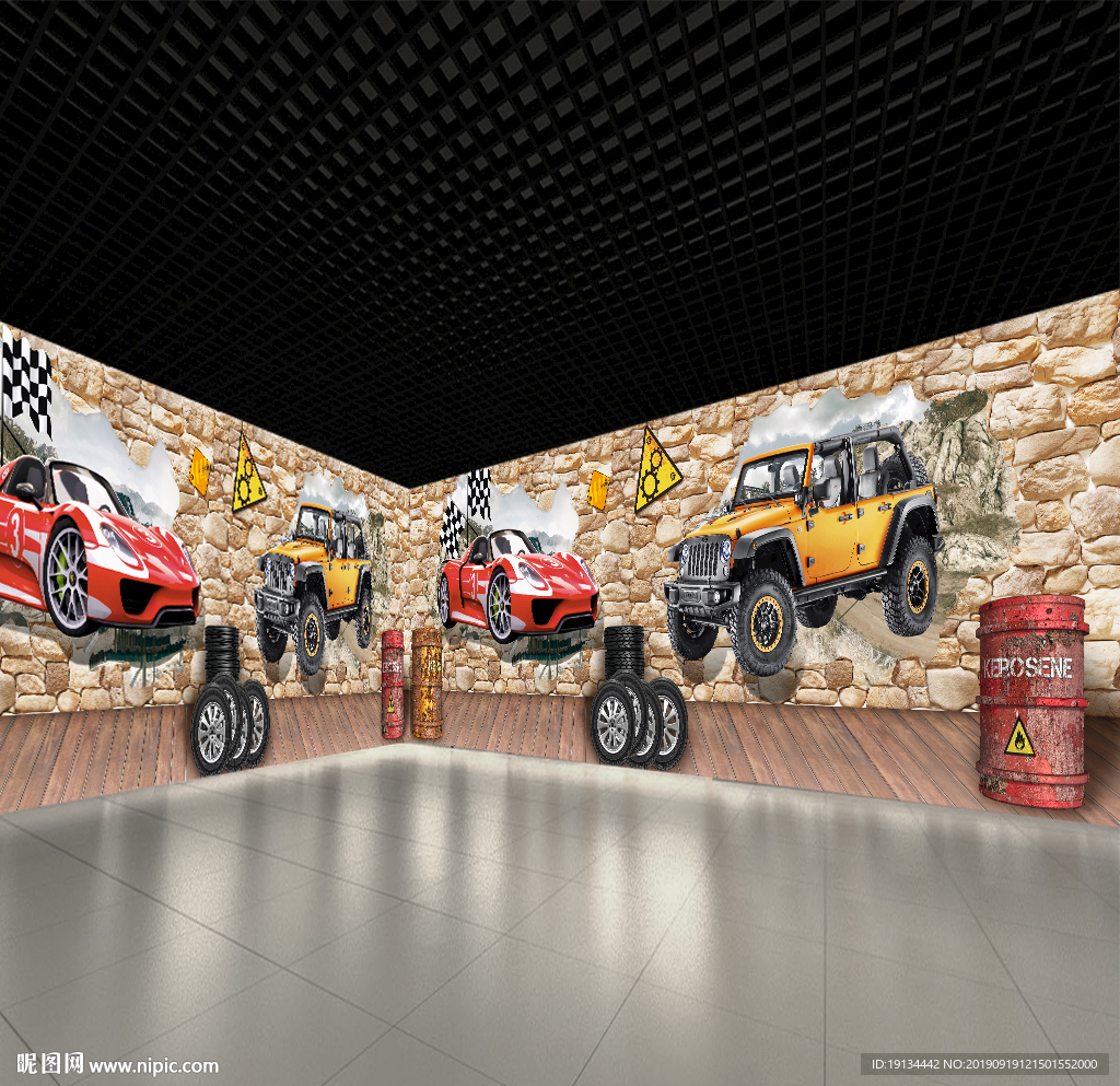 汽车破墙3D复古工装背景墙