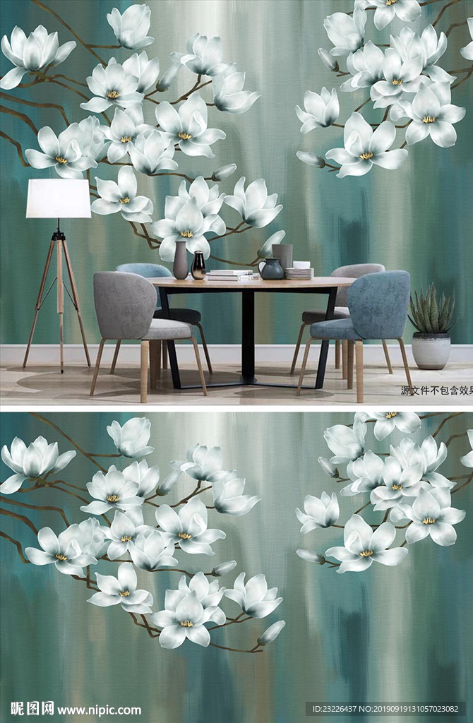 手绘田园花朵玉兰花背景墙装饰