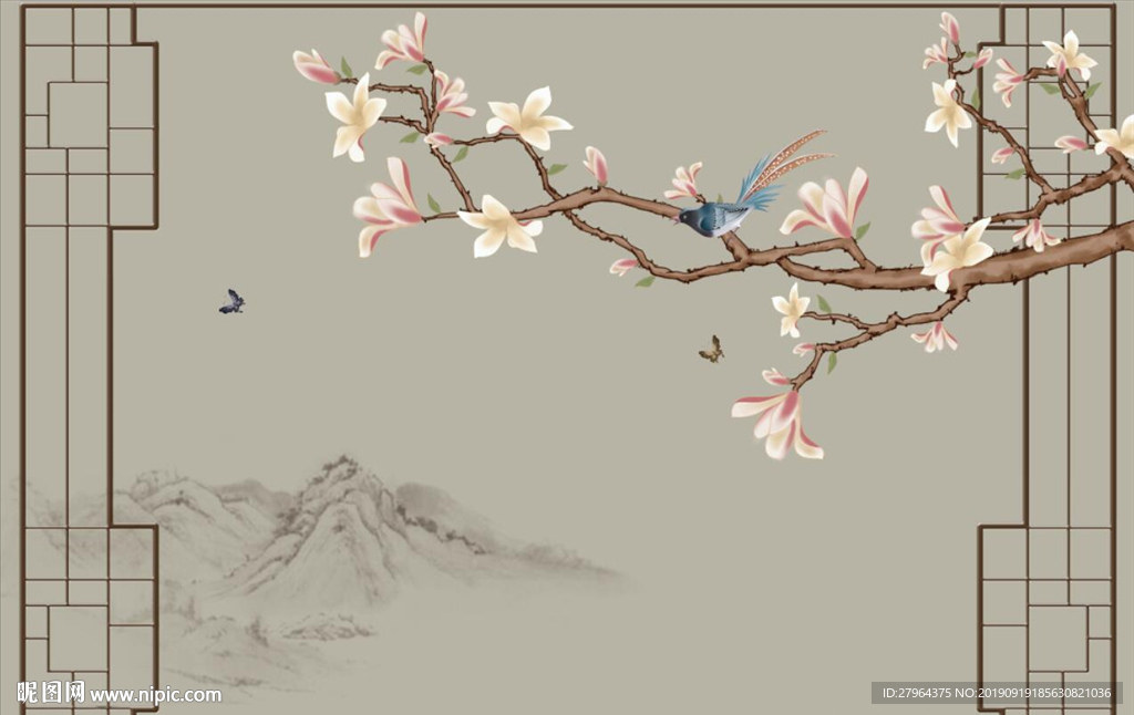 新中式玉堂富贵玉兰背景墙