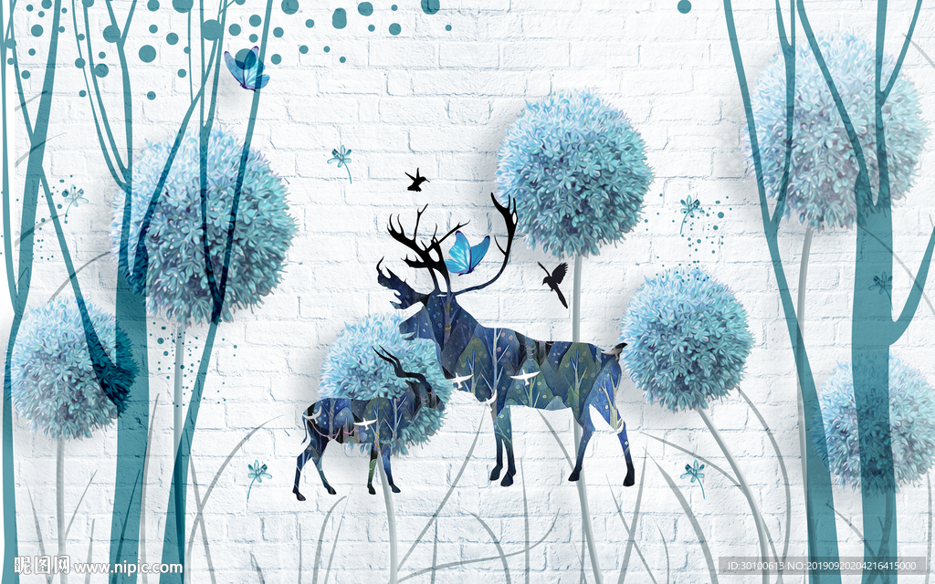 麋鹿奢华背景墙画 TIF分层