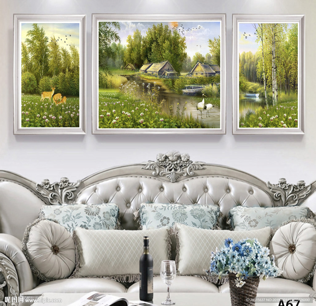 三联画 油画 田野