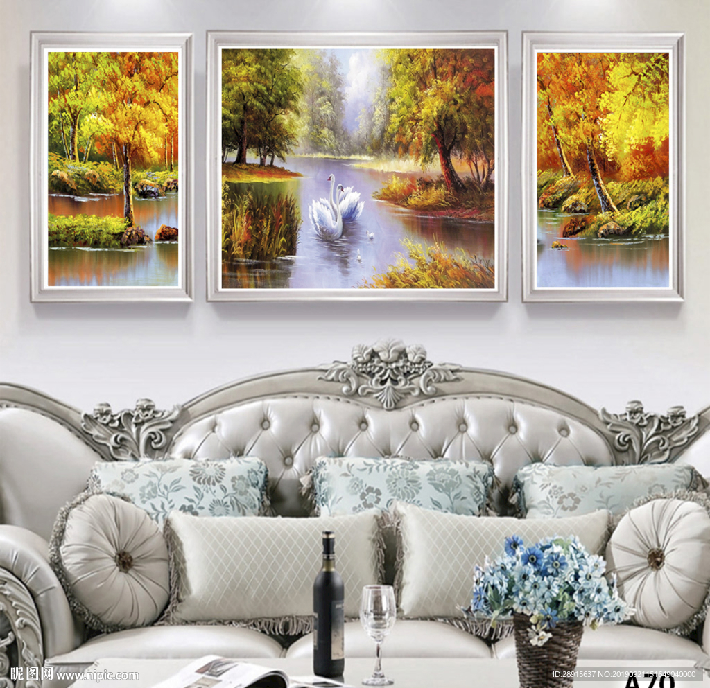 三联画 油画 风景 天鹅