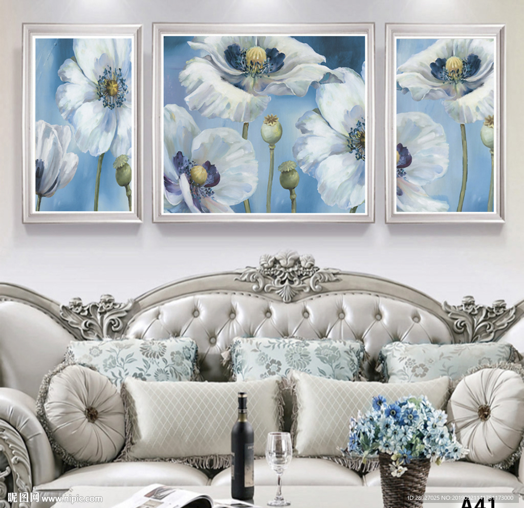 三联画 荷花 油画