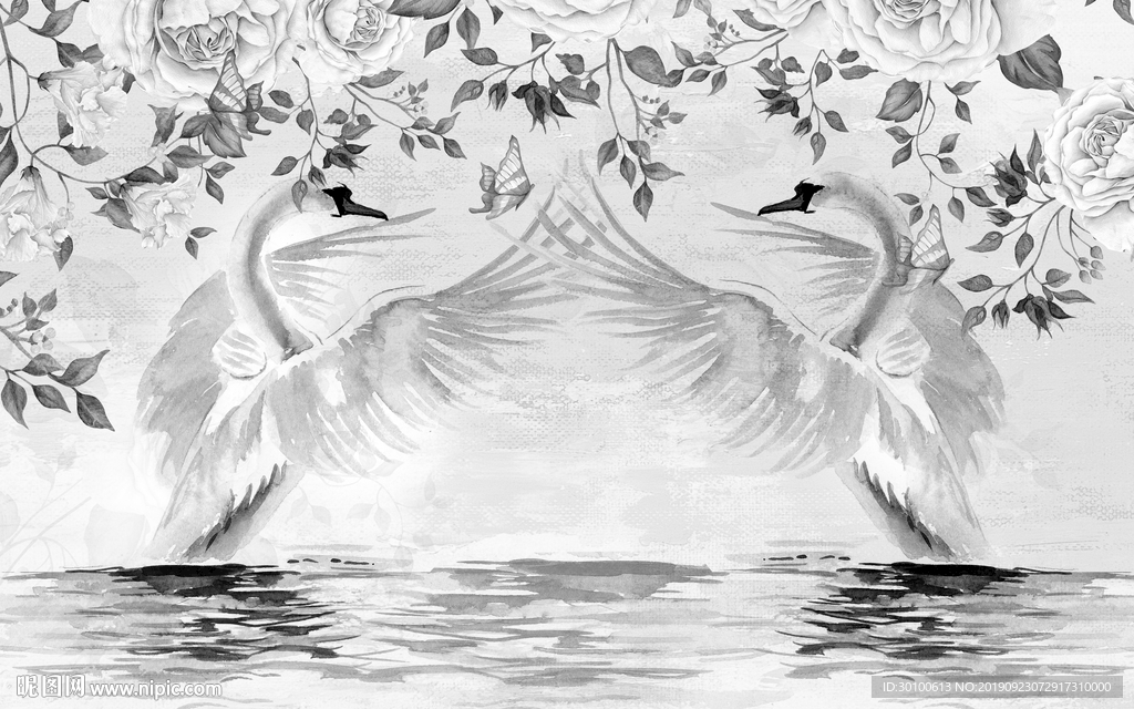 天鹅新品背景墙画 TIF分层