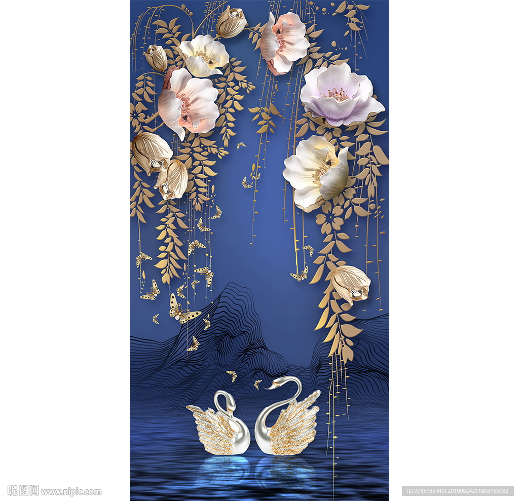 国潮轻奢富贵花天鹅湖玄关壁画