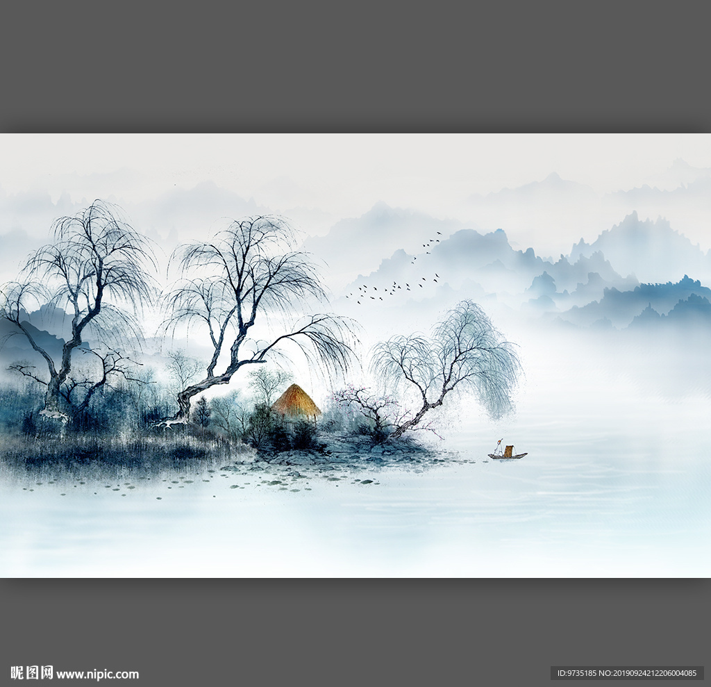 国潮新中式简约大树山水背景墙