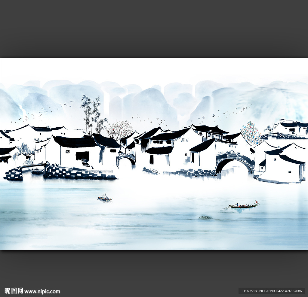 国潮新中式意境水乡山水背景墙
