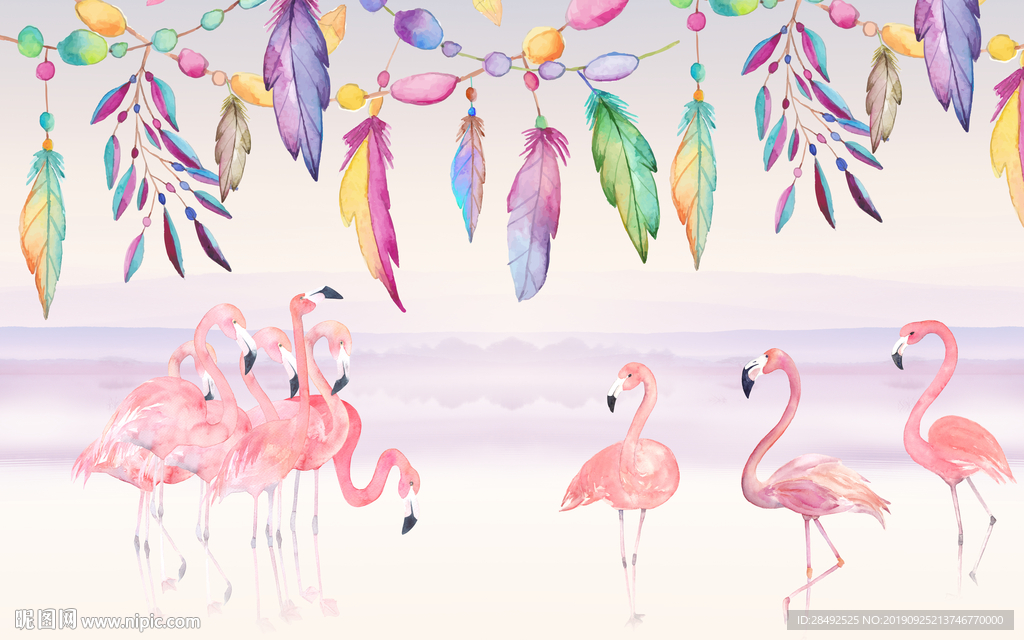 手绘火烈鸟彩色羽毛背景墙