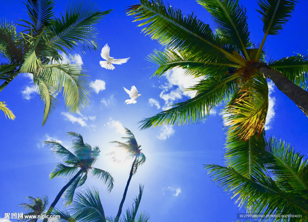 蓝天白云椰树吊顶装饰壁画背景墙