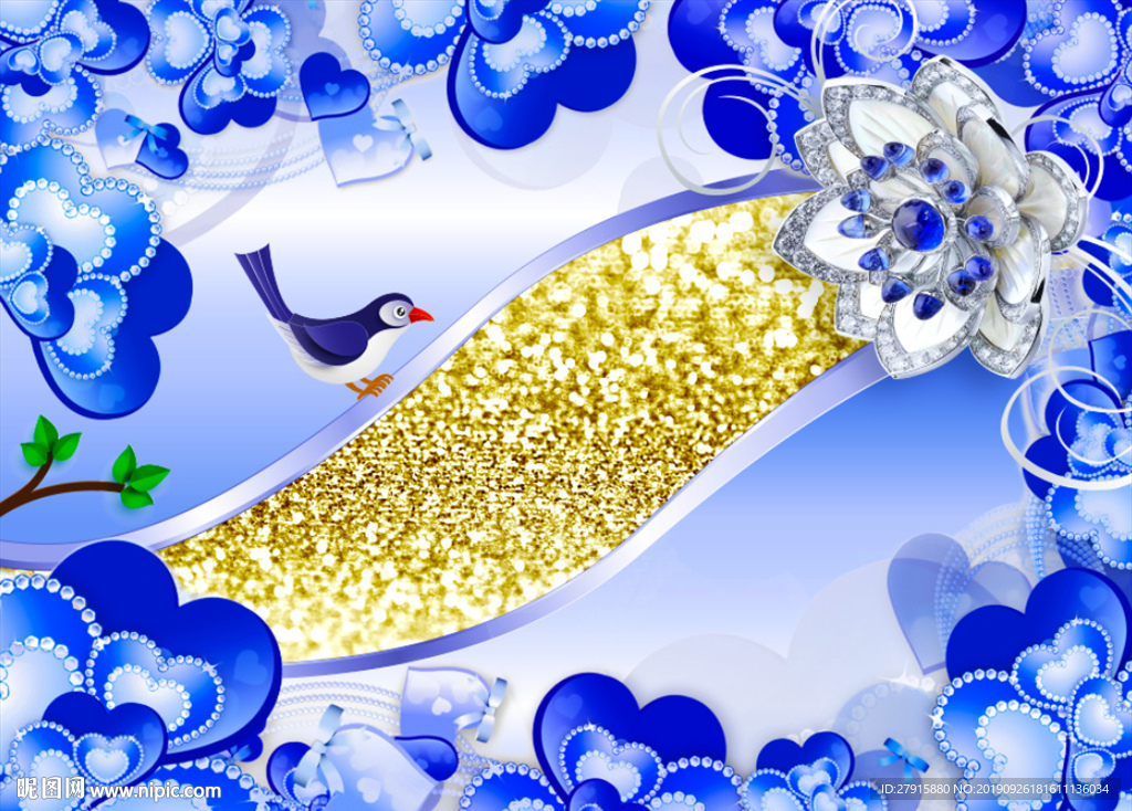 3D蓝色心型珠宝唯美电视背景墙