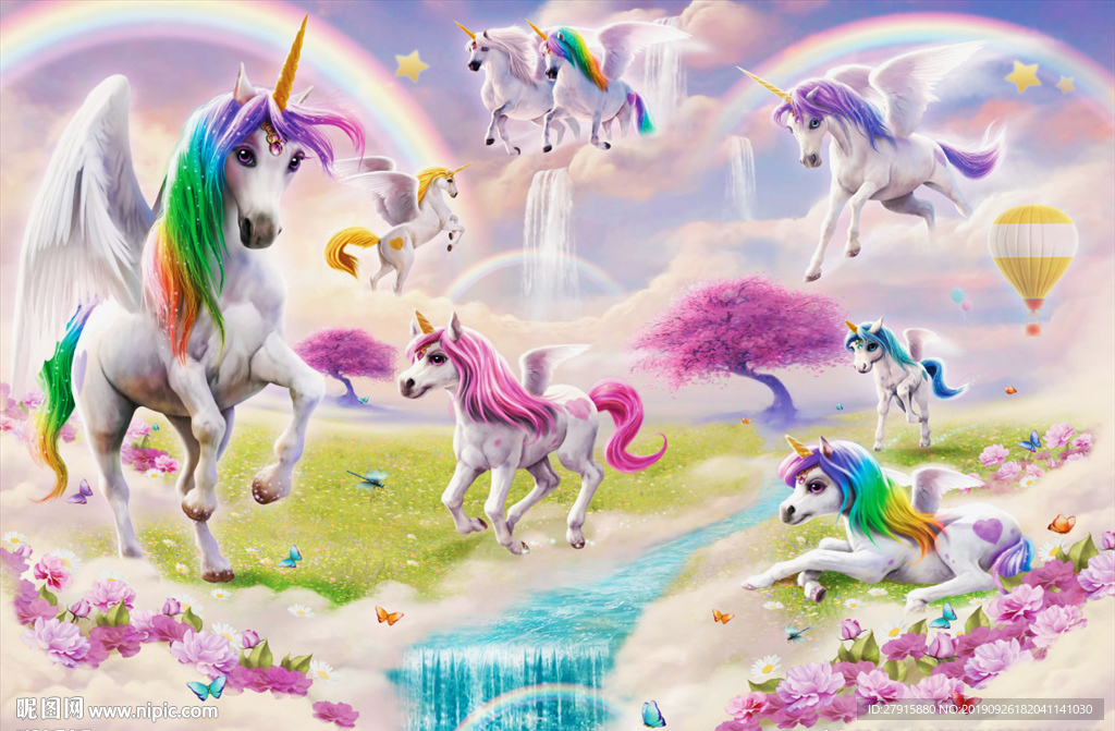 卡通儿童房梦幻彩虹白马背景墙