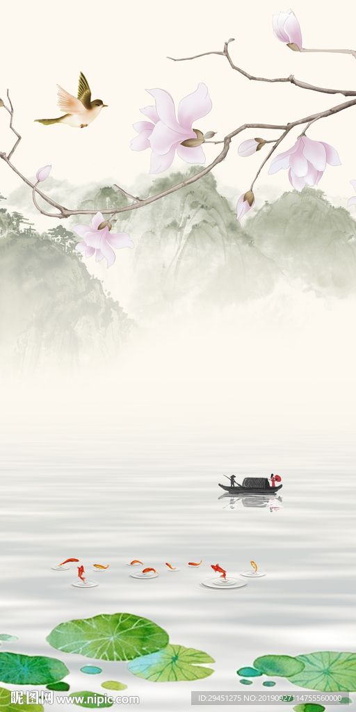 荷花风景山水画 TIF分层