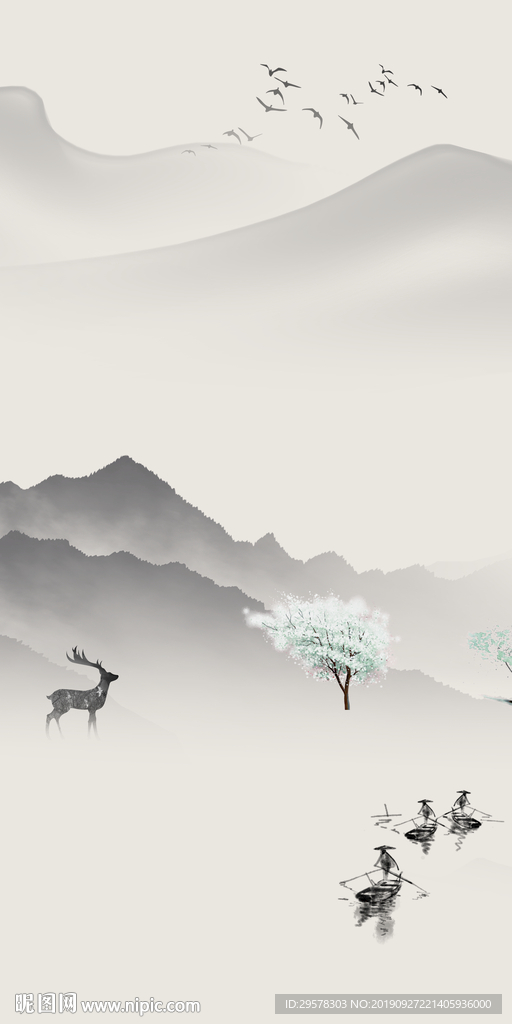 灰色山水新玄关画 TIF分层