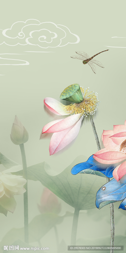 荷花中国风玄关画 TIF分层