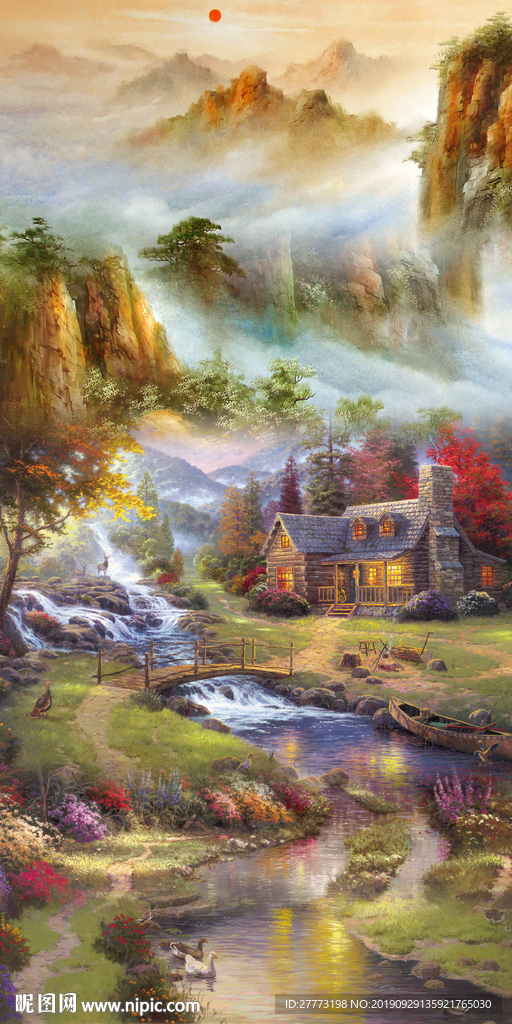 北欧油画山水流水生财瀑布玄关