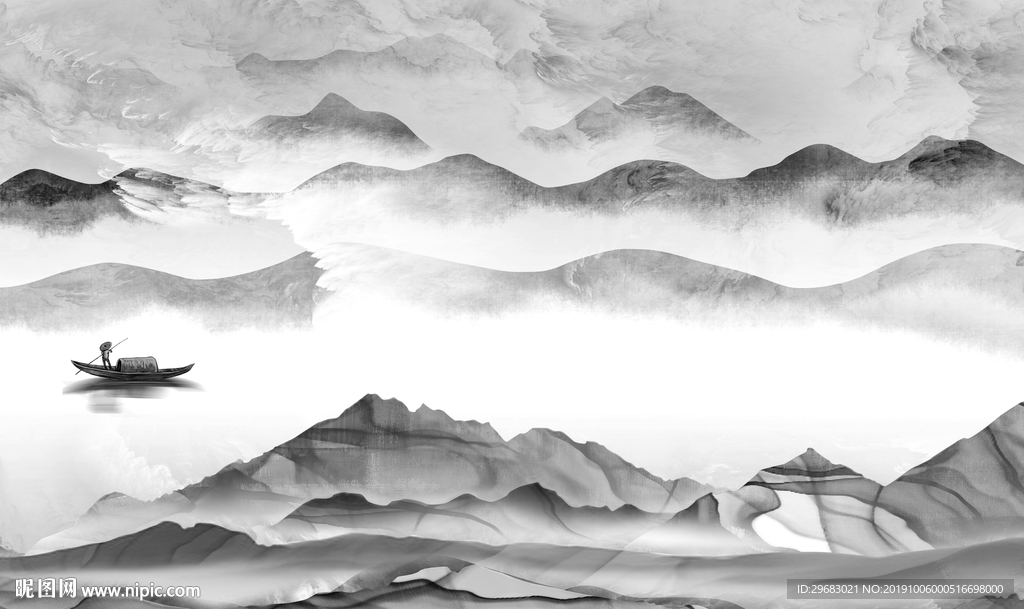 新中式新灰色山水画 TIF分层