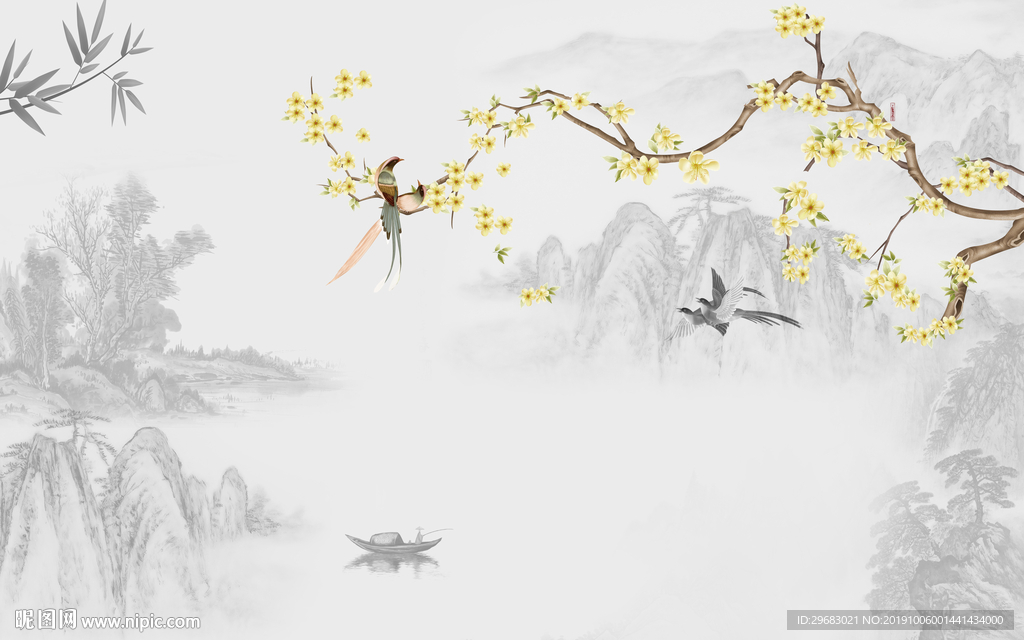 中式新灰色山水画 TIF分层