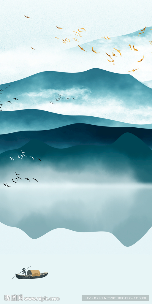 蓝色意境山水画 TIF分层