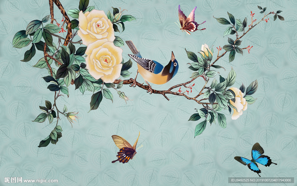 新中式简约花鸟背景墙