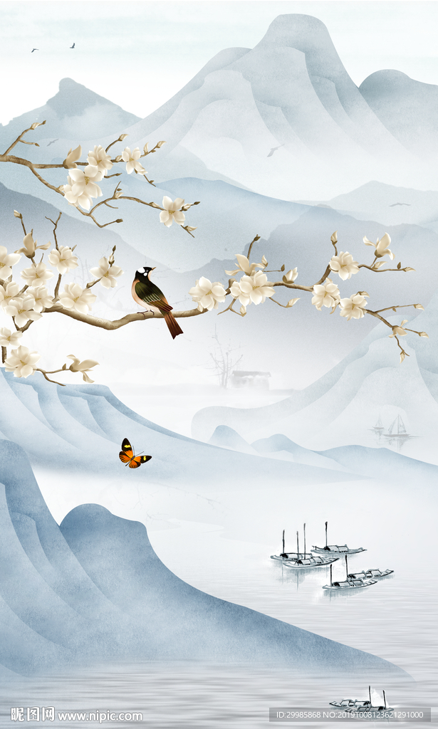 花鸟中国风山水画 TIF分层