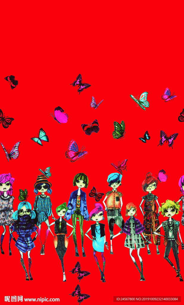 卡通美女 蝴蝶 数码印花 大牌