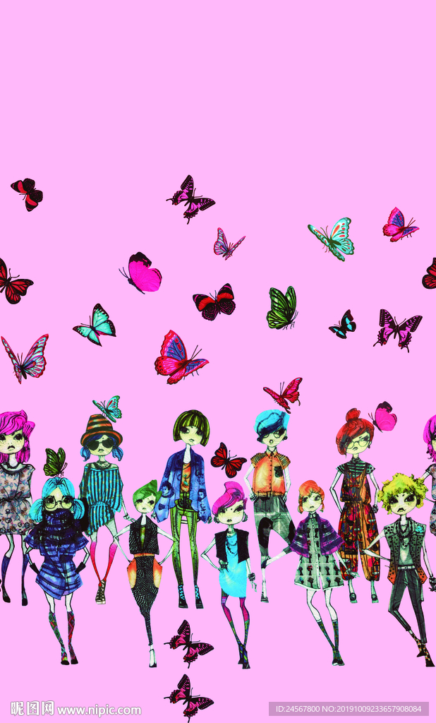 卡通美女 蝴蝶 数码印花 大牌