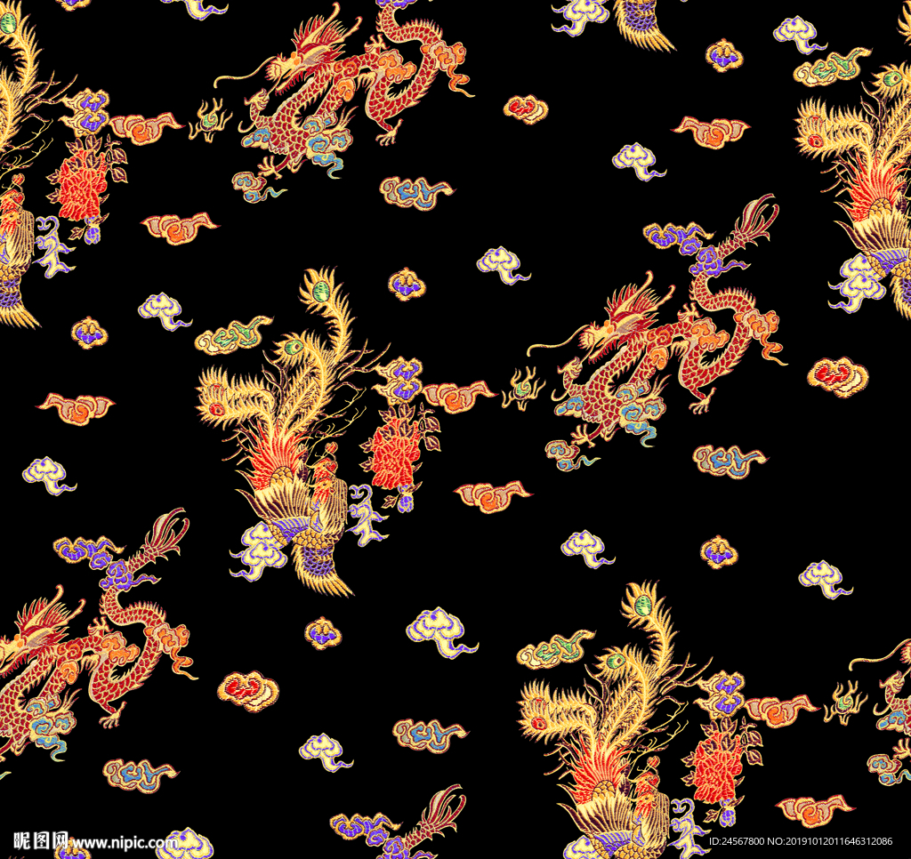 数码印花 龙凤 龙 凤 菊花