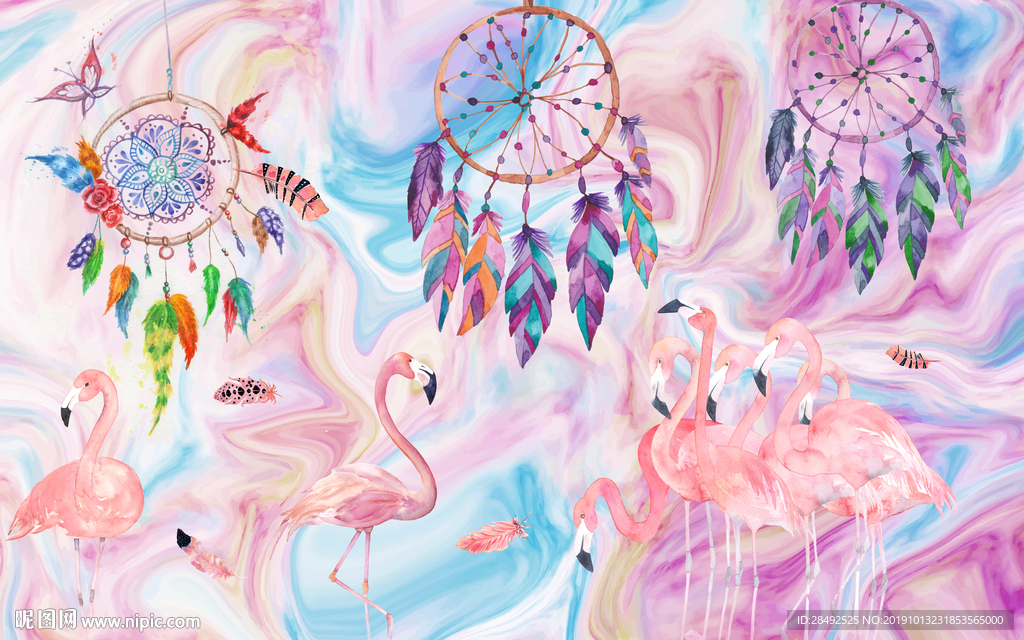 水彩火烈鸟背景墙