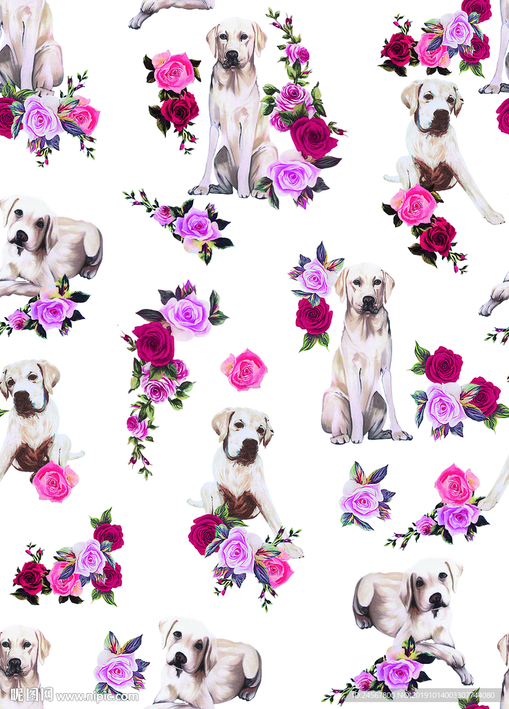 数码印花 玫瑰花 牡丹花 狗