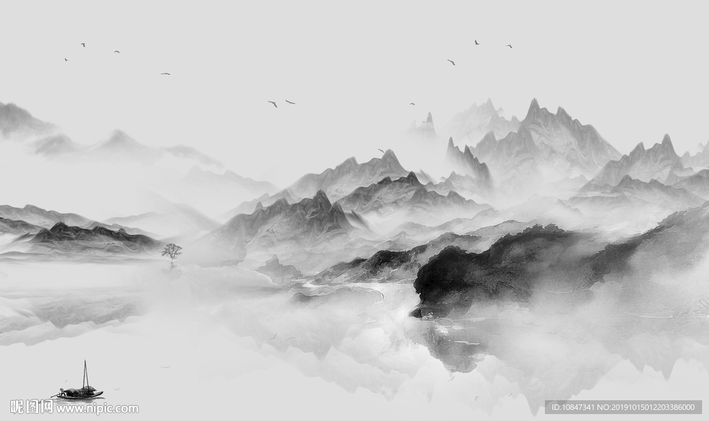 极品灰色山水画 TIF分层画