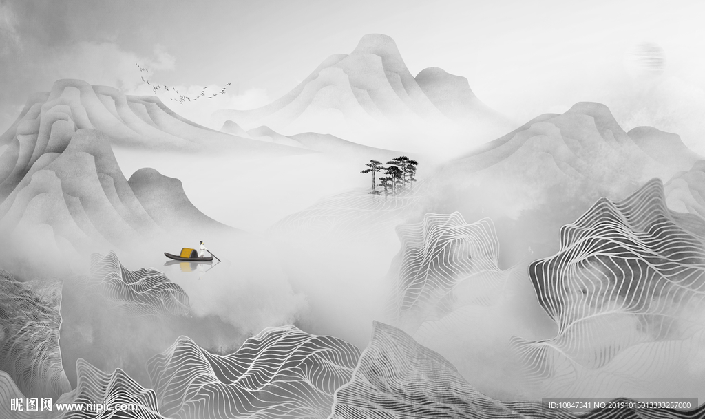 新中式灰色山水画 TIF分层画