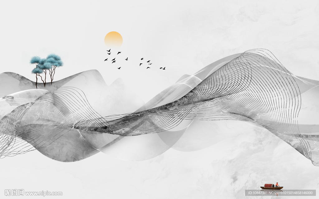 线条灰色山水画 TIF分层画