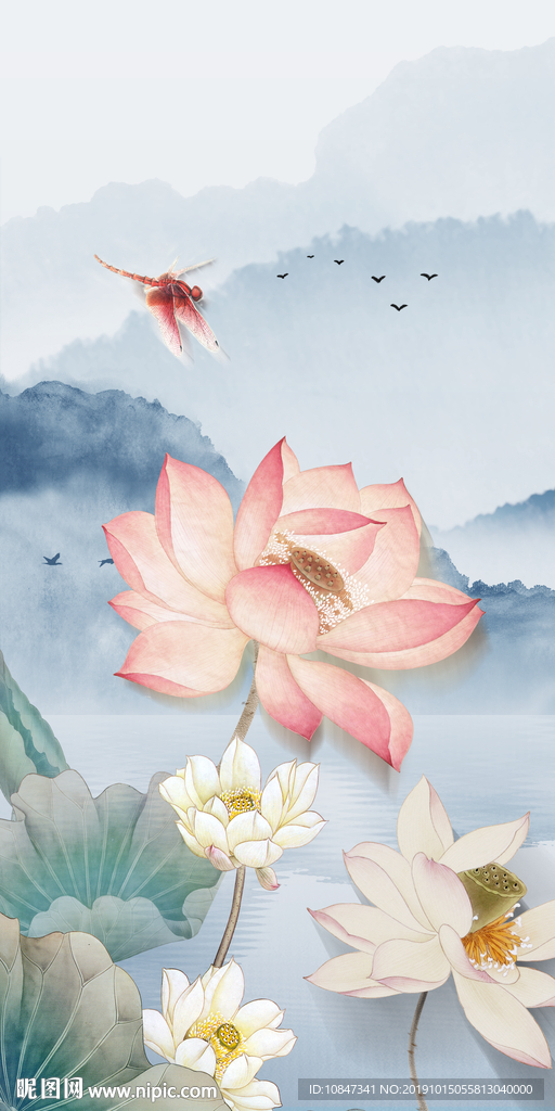 荷花爆款山水画 TIF分层