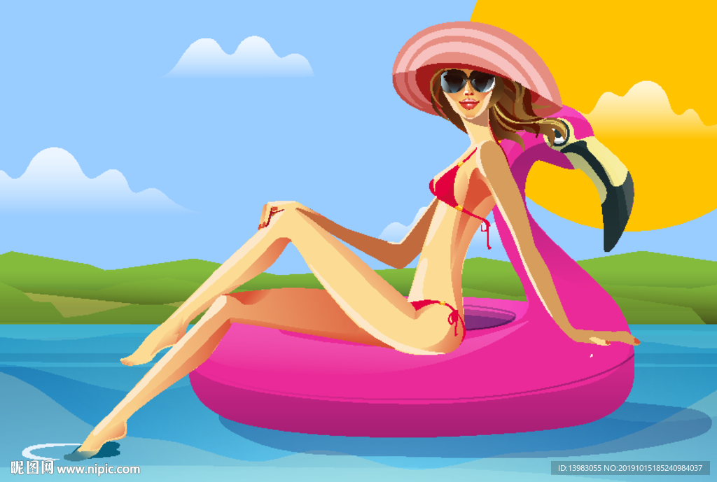 海边度假创意火烈鸟游泳泳装女孩