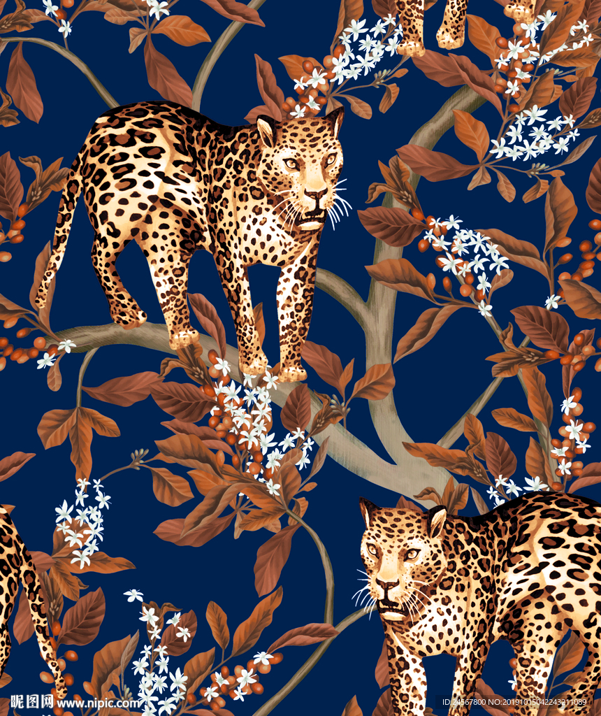 大牌 数码印花 热带植物 豹