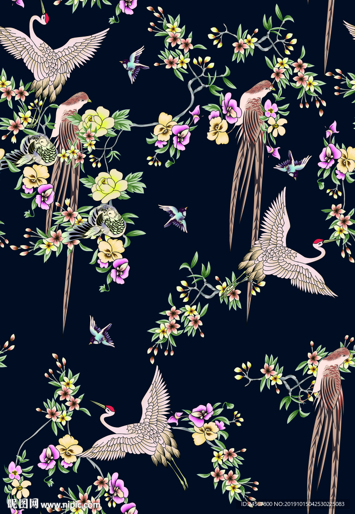 数码印花 仙鹤 手绘花