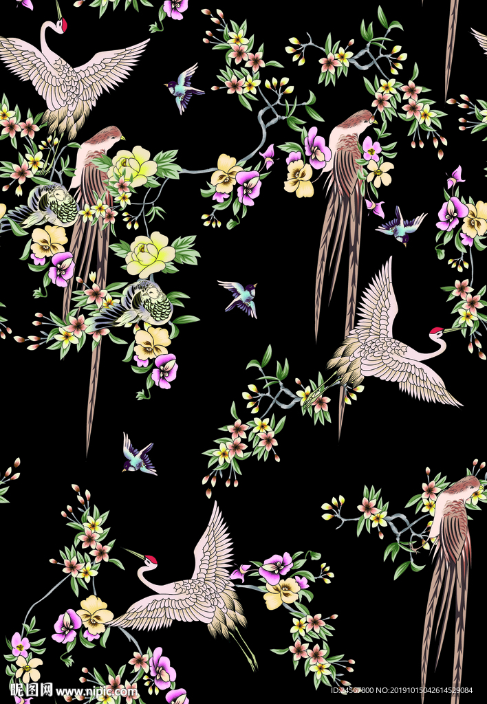 数码印花 仙鹤 手绘花