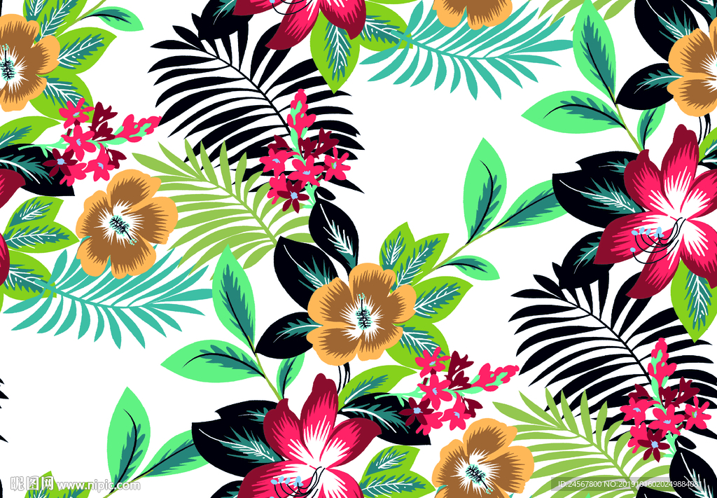 数码印花 热带植物 手绘花