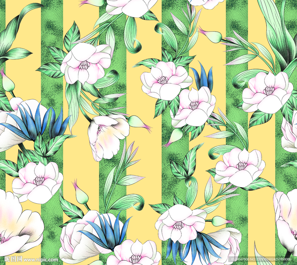 数码印花 热带植物 手绘花