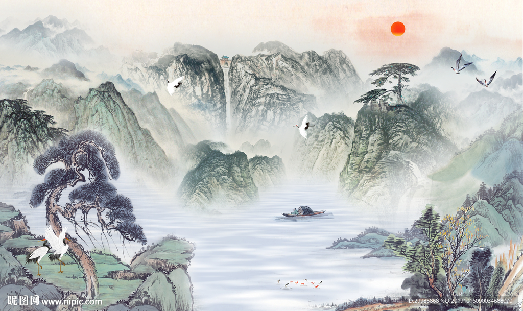 高清新山水中式画 tif分层