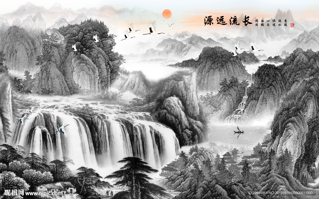 中式灰色山水画 TIF分层