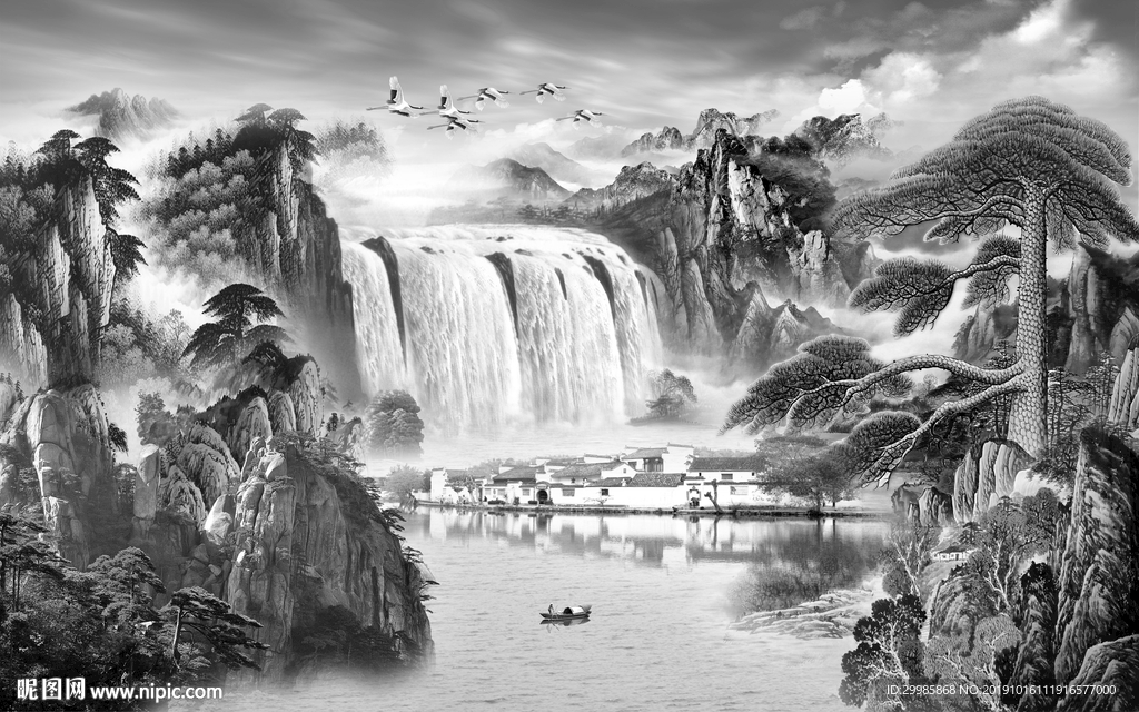 中国风灰色山水画 TIF分层