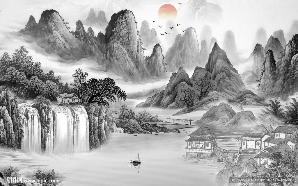 新中式灰色山水画 TIF分层