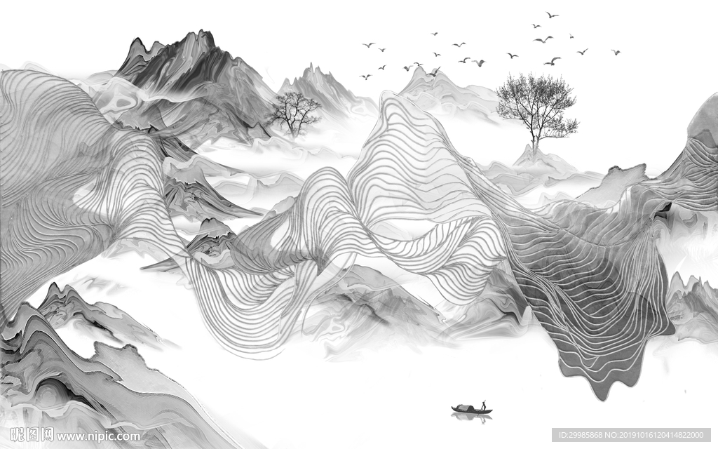 极品灰色山水画 TIF分层