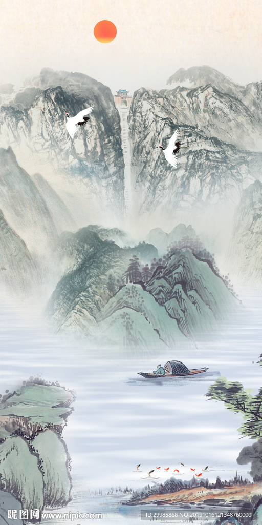 高档中式山水国画 tif分层